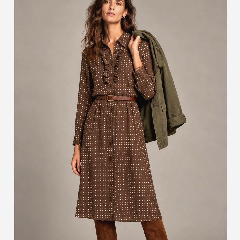 Nili Lotan 6 Sasha Midi Shirt Dress $795 Polka Dot 100% Silk Ruffle Brown